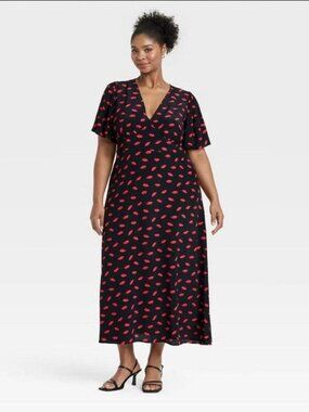a new day Black Maxi Wrap Dress with Red Lip Print
